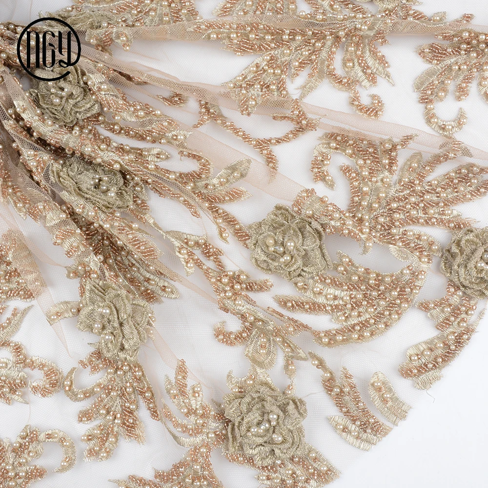 

Hot sale Cheap elegant party brown beads border lace embroidery flower fabric, As picture