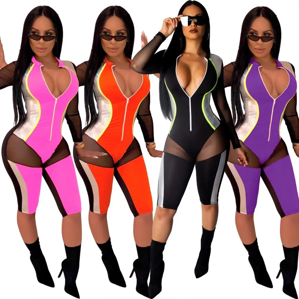 OB4056 women fashion sexy mesh zipper bandage bodycon jumpsuit