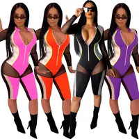 

OB4056 women fashion sexy mesh zipper bandage bodycon jumpsuit