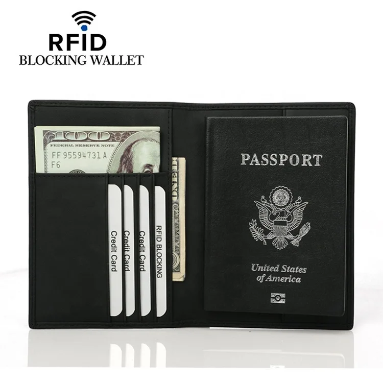 

Leather Card Holder Passport Wallet RFID Blocking Passport Holder Wallet Wholesale, Black