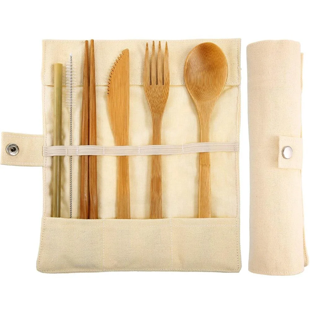 

Portable wooden straw with cutlery set fork spoon knife chopstick bamboo travel utensil set