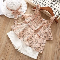 

Girls Clothing Sets 2019 Summer Kids Clothes Floral Chiffon Halter and Embroidered Shorts Straw Children Clothing