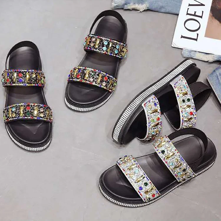

Flat Casual Sequins Shoes Comfortable Glitter Desgin Young Girls Sandals for Walking Wholesale Summer Cheap Open Toe Women PVC, As requirement