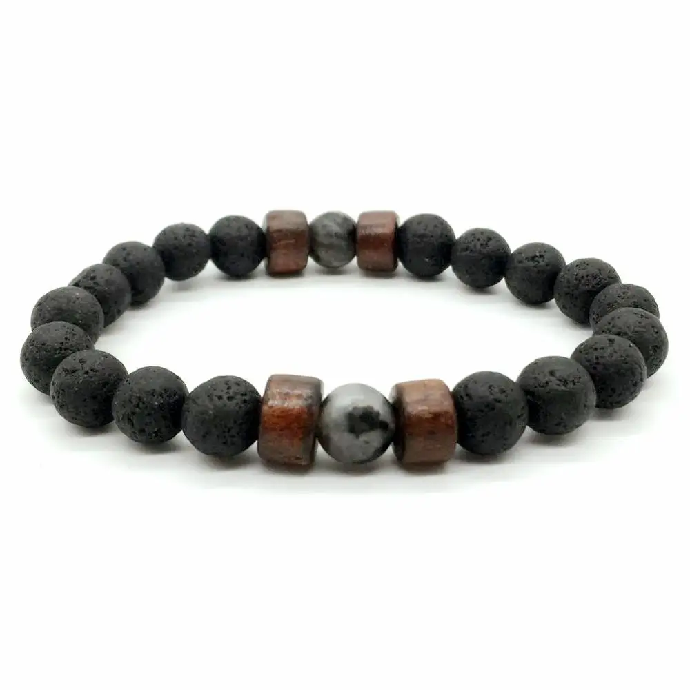 

promotional factory fashion directly sale volcanic stone bead wooden bead grind arenaceous bead bracelet, Black