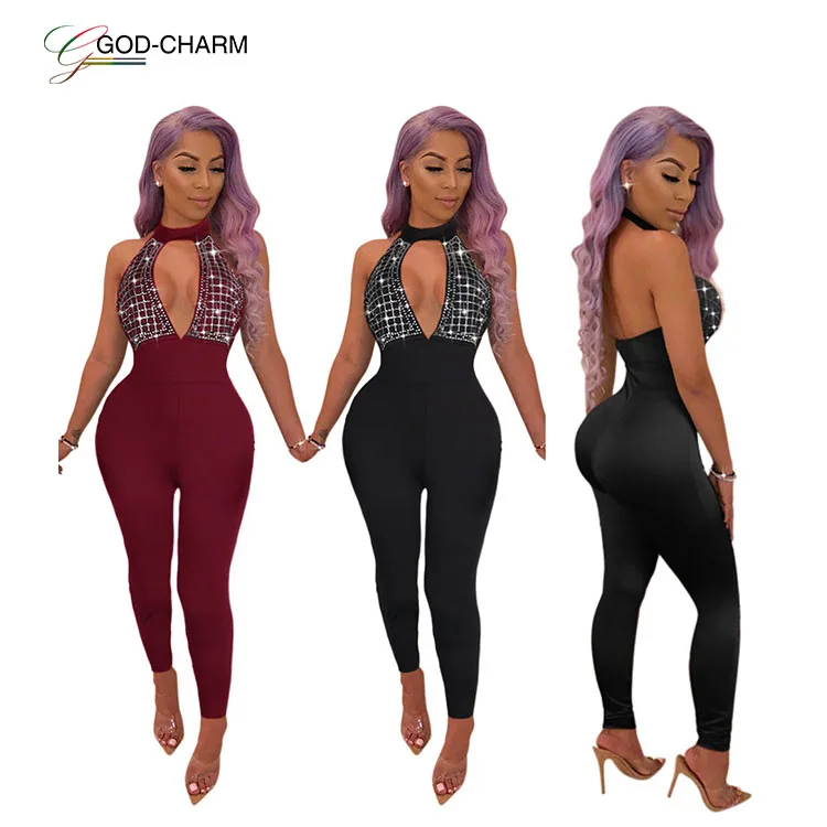 

G-86637S African clothing wholesale sexy women solid hot drilling backless bandage bodycon jumpsuit 9032528