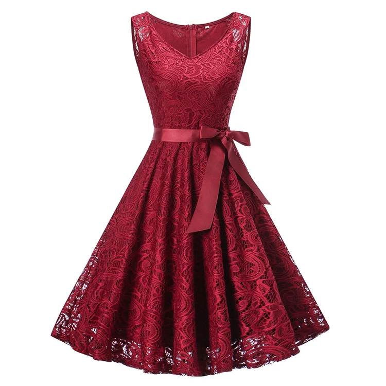 

High-Level Vintage Cocktail Dress Zipper Lace Flare Hem Sexy Party Dress, Red