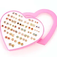 

36 pairs Gold Mixed Love Heart Bow Star Bear Stud Earrings Women Girls Rose Butterfly Pink Heart Box Holding Ears Jewelry Gift