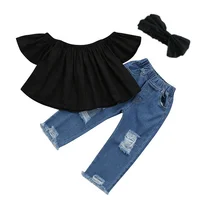 

2019 summer girl suit ruffled top hollow jeans children clothes