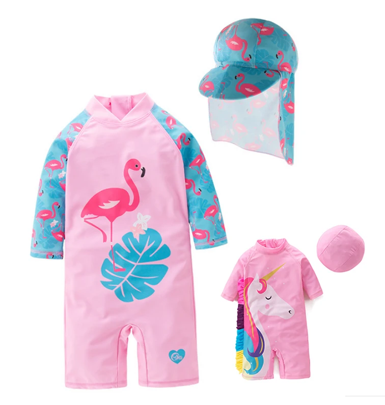 

Sun Protective Swimwear Baby Girls Romper One-piece Bathing Swimsuit Long-sleeved whit Hat, Picture shown