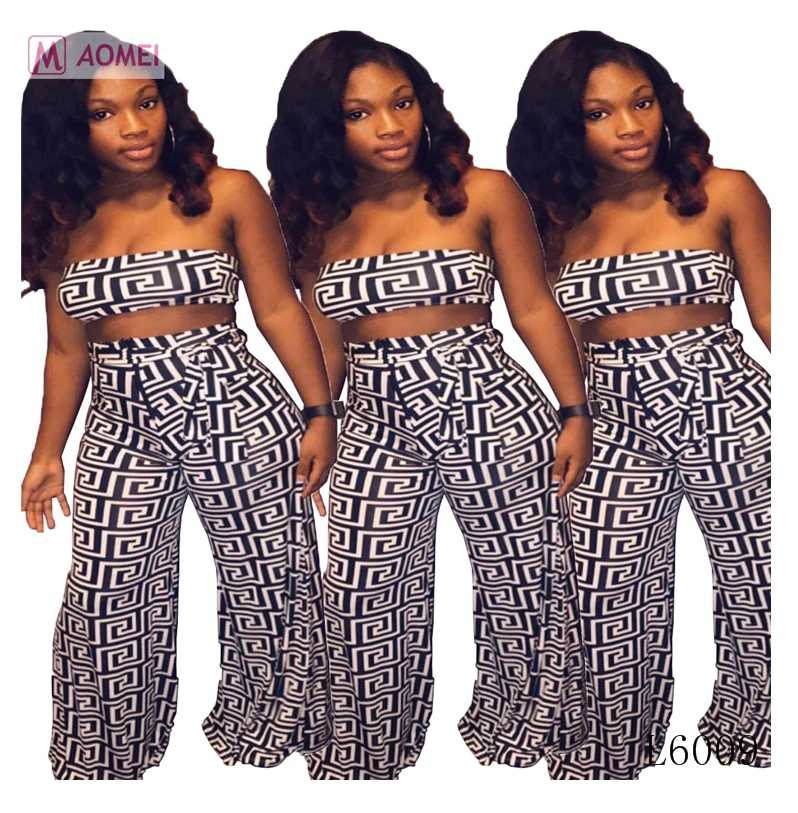 L6009 Women strapless printed wide leg two piece set clothing