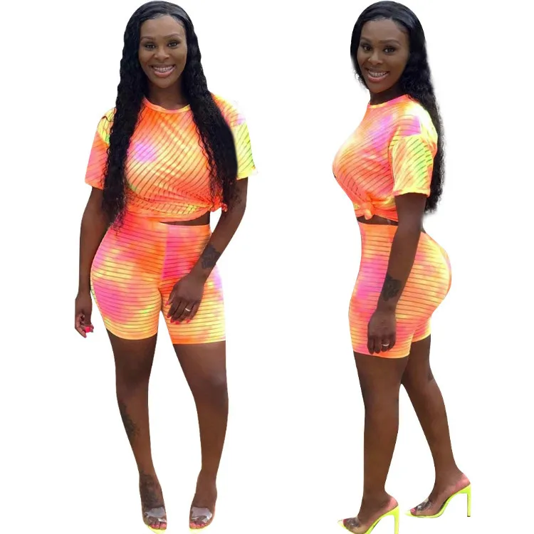 

Sublimation Print Neon Color Ladies Top and Short Sets Women Clothing Set Two Piece Outfits, Neon orange