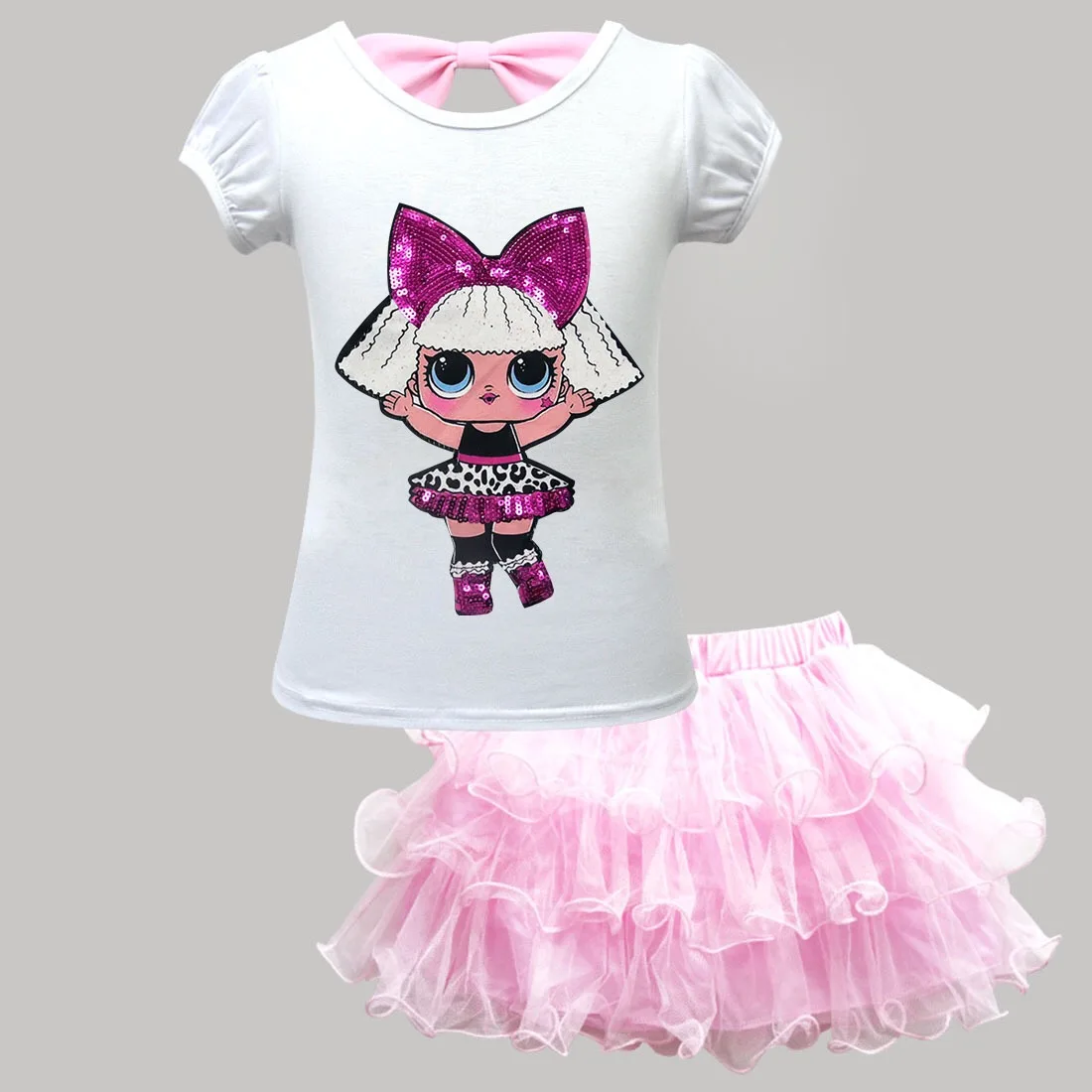 

Summer cartoon sequined pattern kid girl suit set skirt short sleeve gauze pettiskirt, Customized