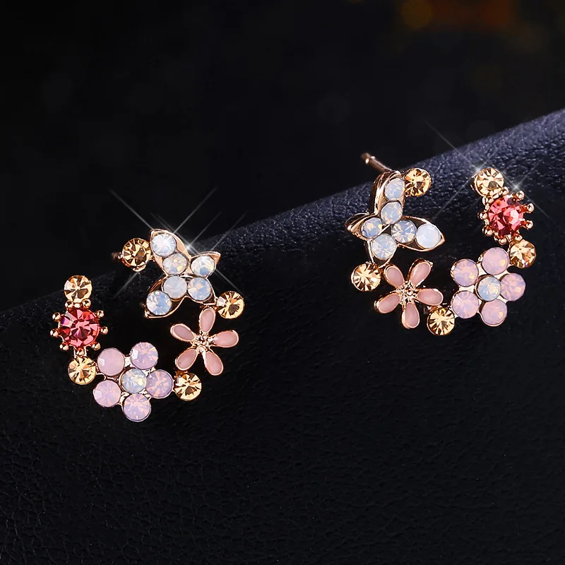 Fashion Jewelry Shining Crystal Round Circle Stud Earrings For Women Colorful Flower Earrings Party Wedding Jewelry Gift