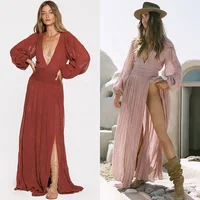 

Amazon boho clothing 2019 bohemian solid color deep v neck high split lantern sleeve Sexy dress