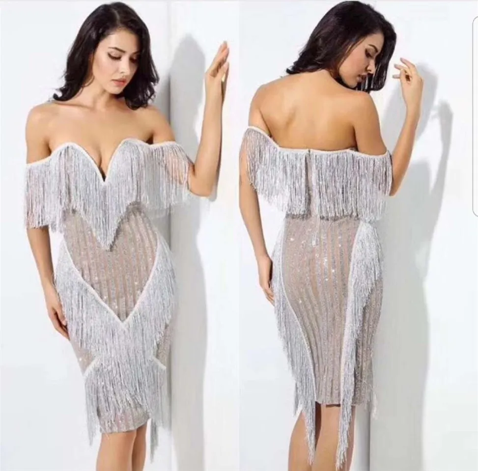 MAGICMK 2019 Women Sexy Tassel Bandage Dresses Strapless Off Shoulder V Neck Celebrity Vestidos Party Dress dropshipping clothin