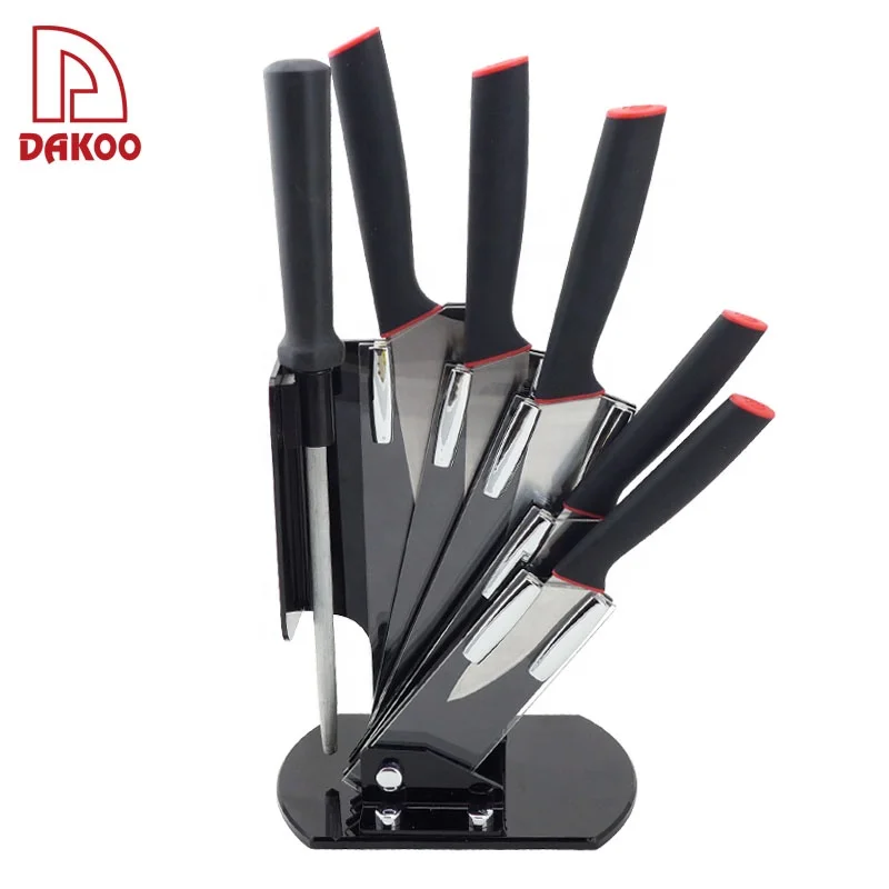 

DK PP TPR Handle 6Pcs Kitchen Knives with Acrylic Knife Holder, Black