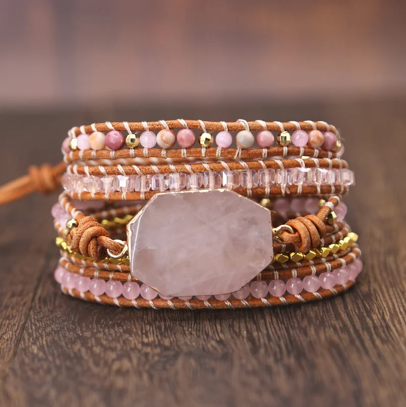 Manufacturers Selling Natural Stone BraceletWrap Around 5 Layers Handmade Pink Quartz Bracelet For Women Bracelet Dropshipping