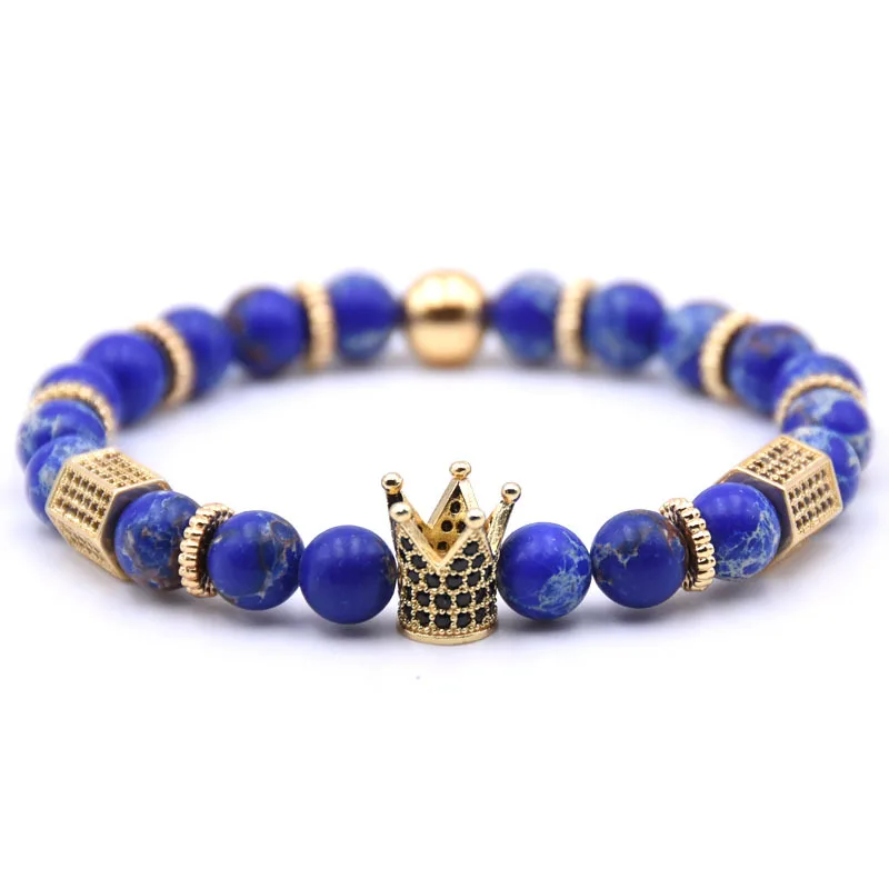 

Men Jewelry CZ Zircon King Crown Gear Spacer Charms Bracelets 8mm Blue Natural Stone Beads Bracelet (SK262), As picture