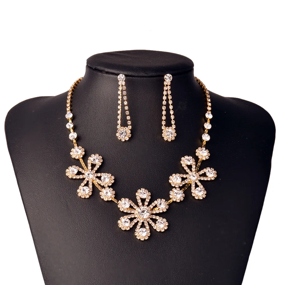 

Custom Designs Cubic Zircon Crystal Flower Necklace Earrings Gold Plated Wedding Indian Bridal Dubai African Beads Jewelry Set