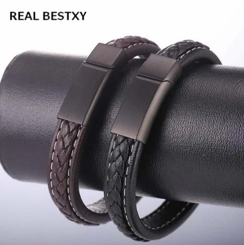 

REAL BESTXY custom logo Bracelets & Bangles Men Stainless Steel Leather Bracelets Braided Rope Magnetic Clasp Male Bangles, As in picture or other colors customized