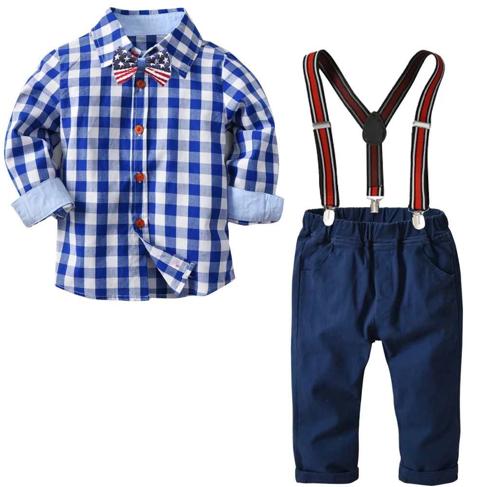 

2019 autumn and winter boys suit cotton suspenders boy's plaid overall bowtie long sleeve and long pants