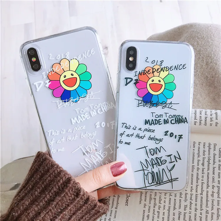 

Sunflower Fonts Silicone Protective Soft Anti-fall Fashion Murakami Takashi Transparent Case for iphone 6 7 8 PLUS X XR XS MAX, Picture color have stock;accept customized