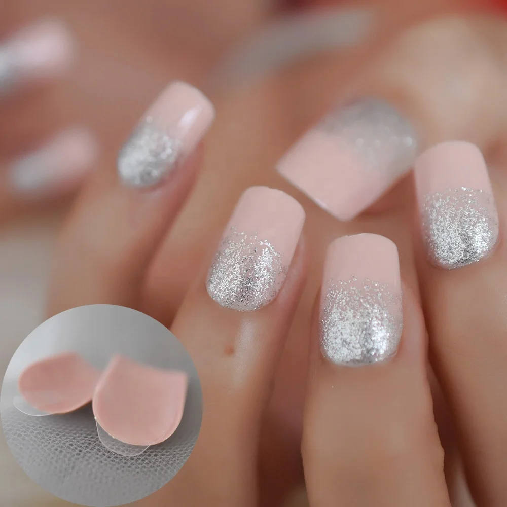 

Vivid Pink Pre-glued On Back Nail Full Cover Shiny Glitter Fake Nails Surface Paint UV Gel New Nail Tips