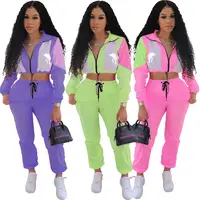 

Hot selling casual crop top zipper patchwork windbreaker two piece set sport suits for women