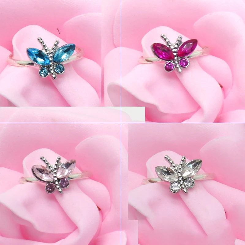

Adjustable Butterfly Rings ,Kid Ring For Girl Colorful Zircon Crystal Ring For Children, 4 colors/pink , blue, deep pink,white