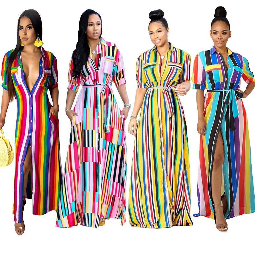 Casual turndown collar short sleeve color striped printed long shirt dress
