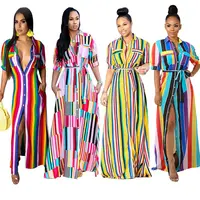 

Casual turndown collar short sleeve color striped printed long shirt dress