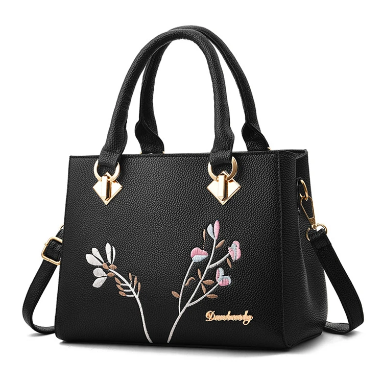 

oem embroidery black flower fancy unique latest real leather luxury ladies handbag for women