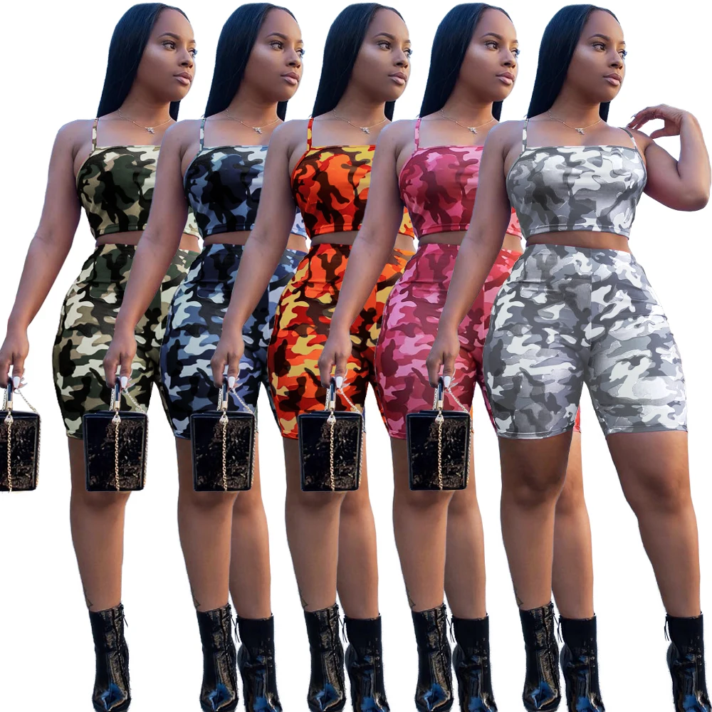 

2019 Fashion Camouflage Army Crop Top And Shorts Two 2 Piece Set Outfit Women Summer Clothing, Printed