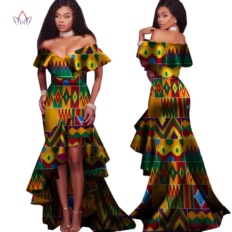 

New Summer African Tribal National Printing Slash Neck Sexy Long Dresses for Women Africa Bazin Riche Maix Dresses