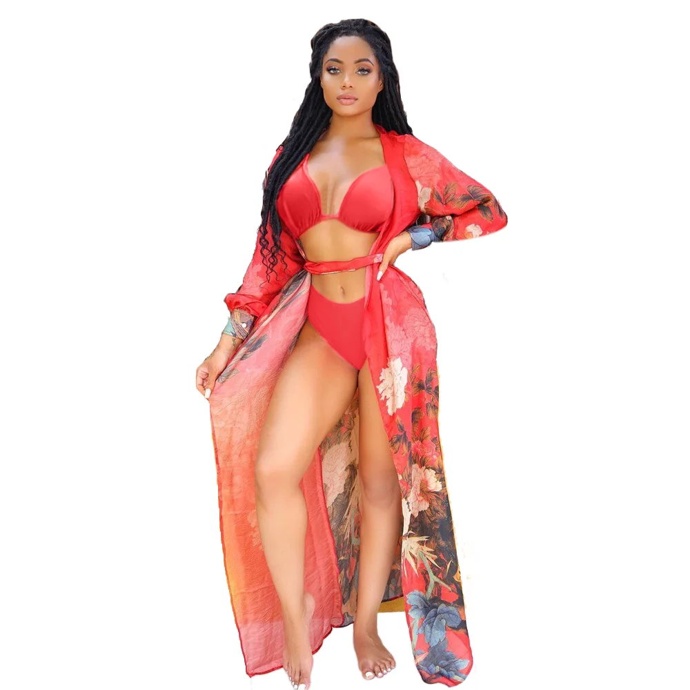 2019 Solid Long Sleeve Floor-Length Cover Up Swimwear 3 Piece Set Bikini