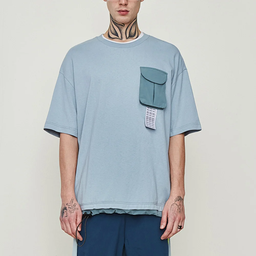 2019 Wholesale 100% Premium Cotton Sublimation Blank t-shirt Unisex Oversize DrawstRing Pocket t-shirt