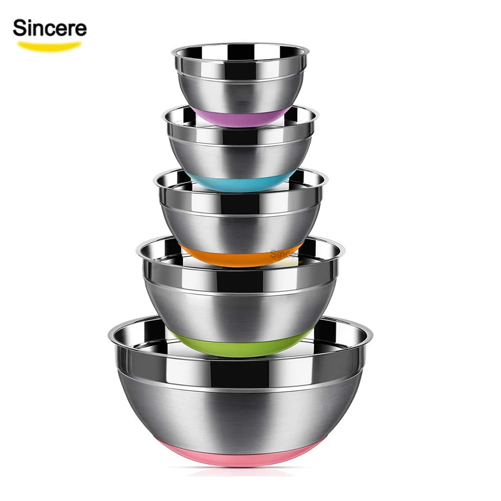 

Set of 5 Stainless steel Mixing Bowl with colorful non-slip Silicone bottom 7.0qt-3.5qt-2.5qt-2.0qt-1.5qt