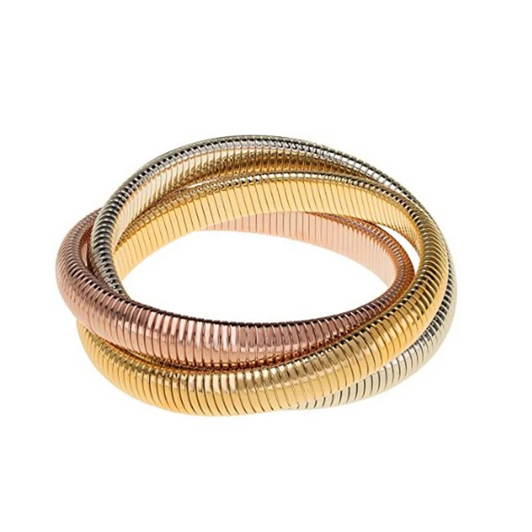 

Fashion Trio Flexible Bracelet Stainless Steel 18K Gold Plated Stacking Bracelet Interlocking Stretch Triple Bangle Bracelet, Gold, rose gold, steel and black
