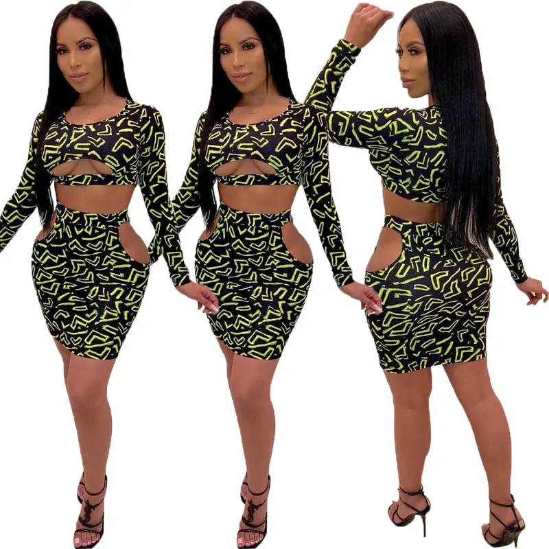 

90327-MX21 New arrival fashion two pieces color printed bodycon dress