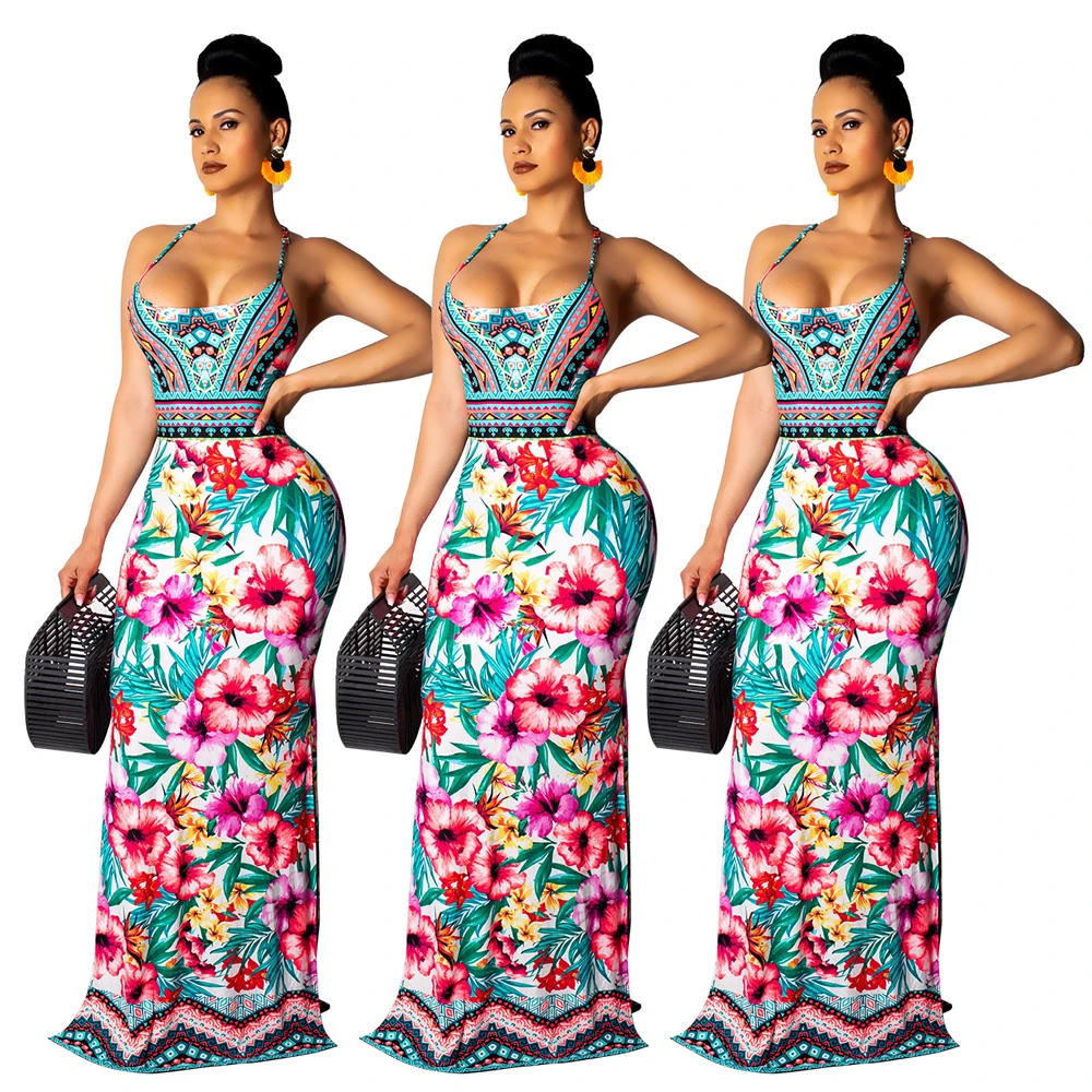 

SAQ229 Hollow out design floral print backless beach wear sling clothing sexy women maxi ethnic dress, As photo showed