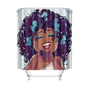 Custom Distinctive Cartoon African Woman Waterproof Bathroom Shower Curtain Polyester Fabric