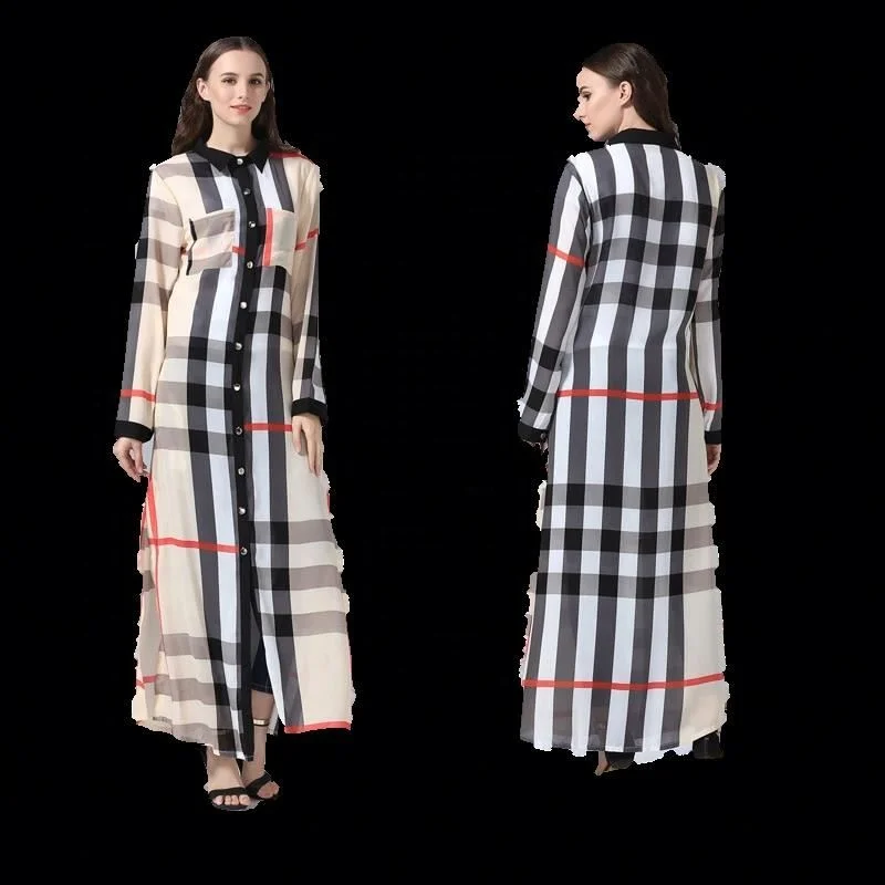 

Fashion Long Sleeve Women's Plaid Button polyester Cardigan Dress Muslim abaya, 1 colors