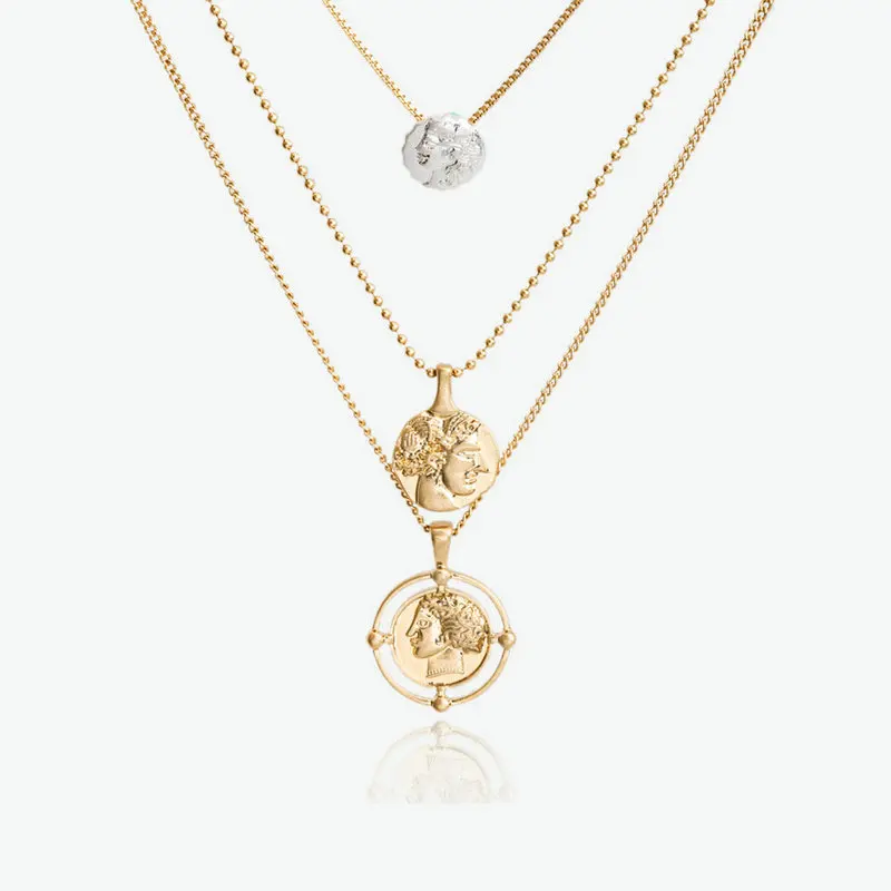 

Bohemian European Roman retro face avatar coin pendant detachable 3 layer necklace, N/a