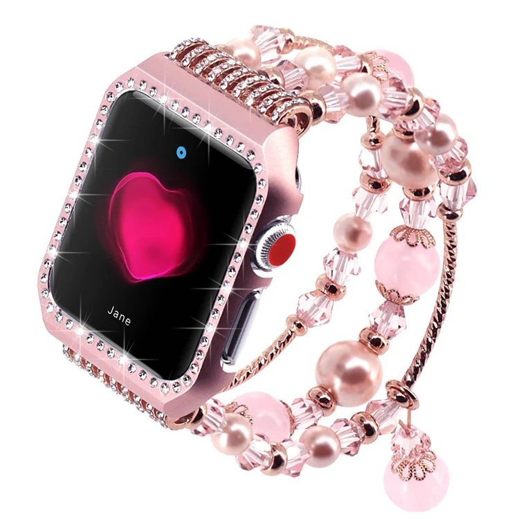 

For Apple Watch Band Strap 38mm 42mm, Glitter Diamond Metal Case with Handmade Replacement Strap, White/gray/rose gold