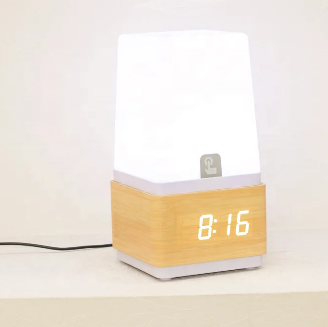 

Touch sensing lamp wooden alarm clock wake up light wooden table clock