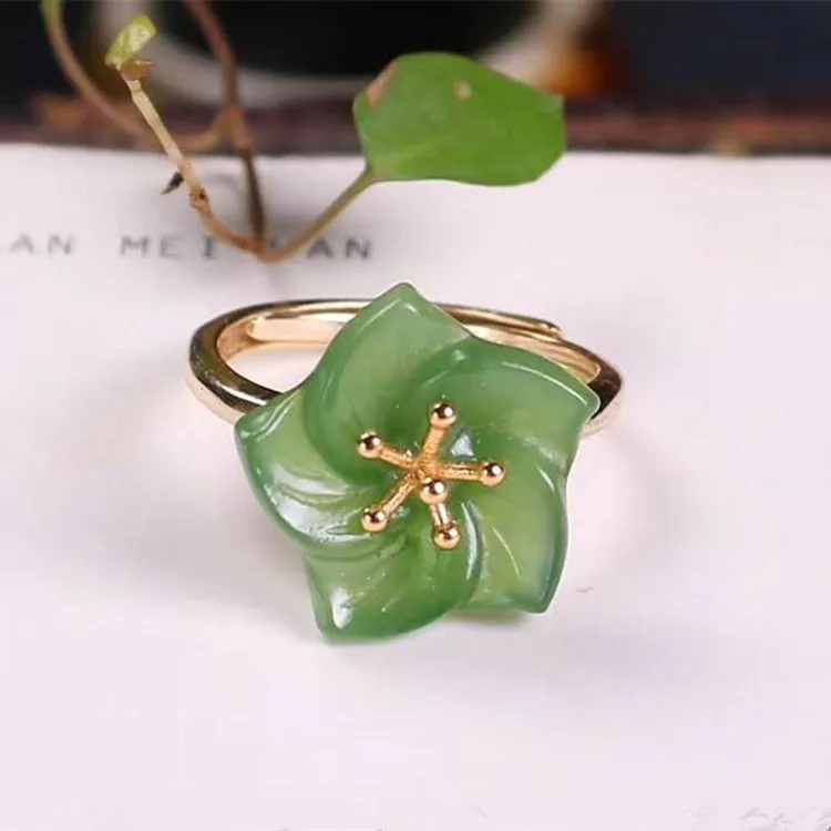 

big stone daily wear fashion jewelry elegant gorgeous women 925 silver natural green Russian jade bauhinia flower ring