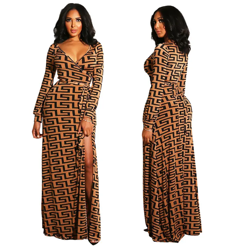 

90325-MX64 Fashion Printed V-neck Long Open Dress For Women