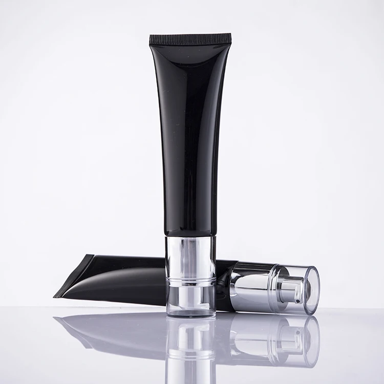 

Free Sample Empty 50ml Shiny Black Squeeze Cream Tube with Plated Luxury Big Lotion Pump