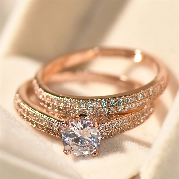 

Two pcs a set gemstone 8k gold plated wholesale jewelry wedding rings set CZ Stone Engagement Rings Luxury