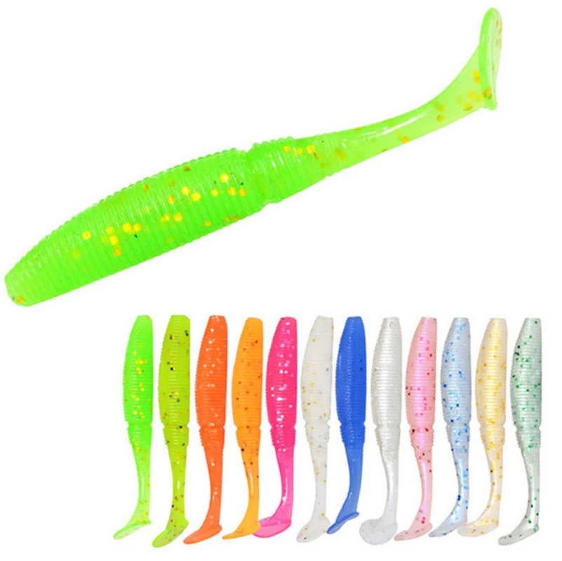 

3g 6 pcs Per Bag Luminous T-Tail Grub Worm Fish Bait Fishing Soft Lure, 12 colors